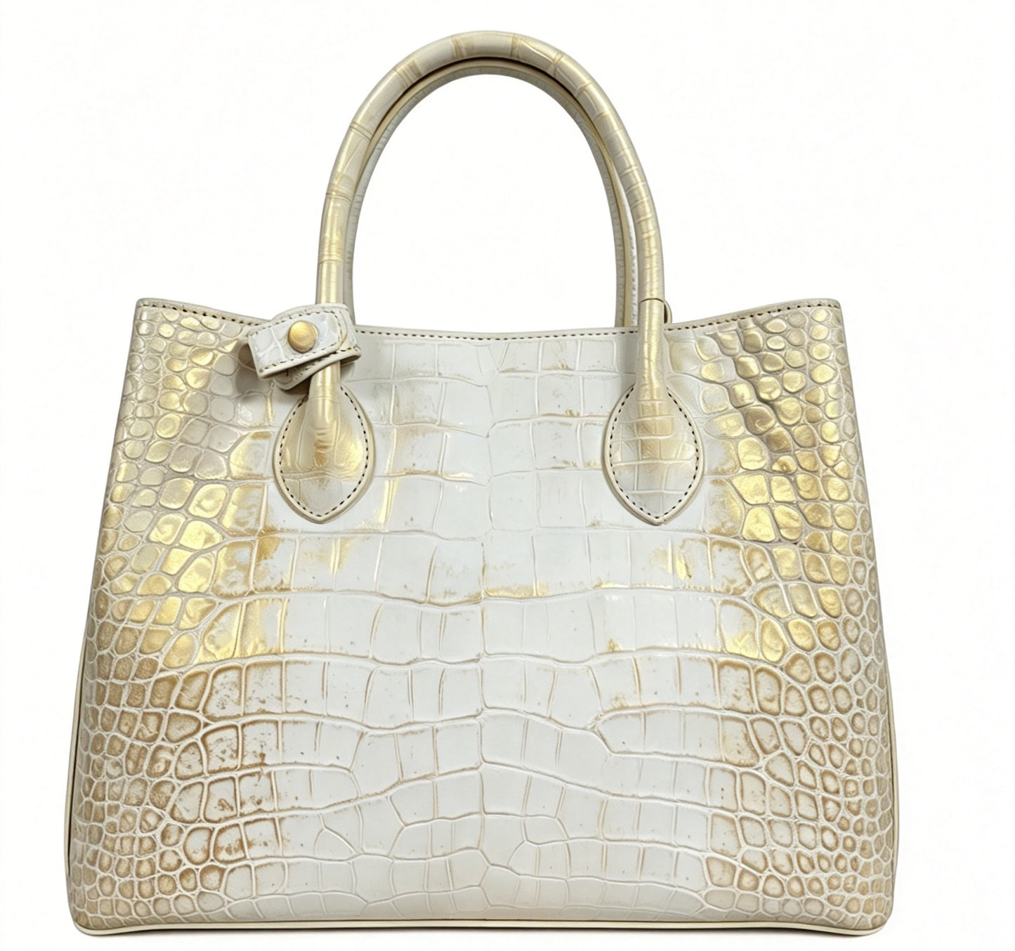 White Genuine Crocodile  Skin Leather Brushed Gold Top Handle Bag For Women
