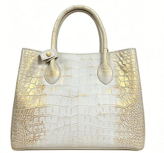 White Genuine Crocodile Skin Leather Brushed Gold Top Handle Bag For Women