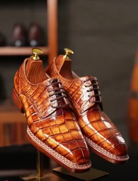 Crocodile Shoes, Men's Vintage Brown Handmade Crocodile Leather Norwegian Sewn Lace Up Shoes