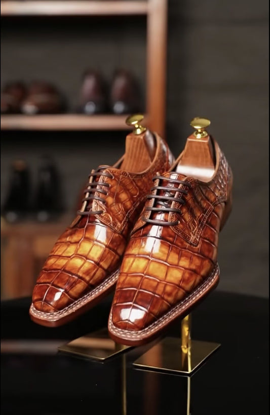 Crocodile Shoes, Men's Vintage Brown Handmade Crocodile Leather Norwegian Sewn Lace Up Shoes