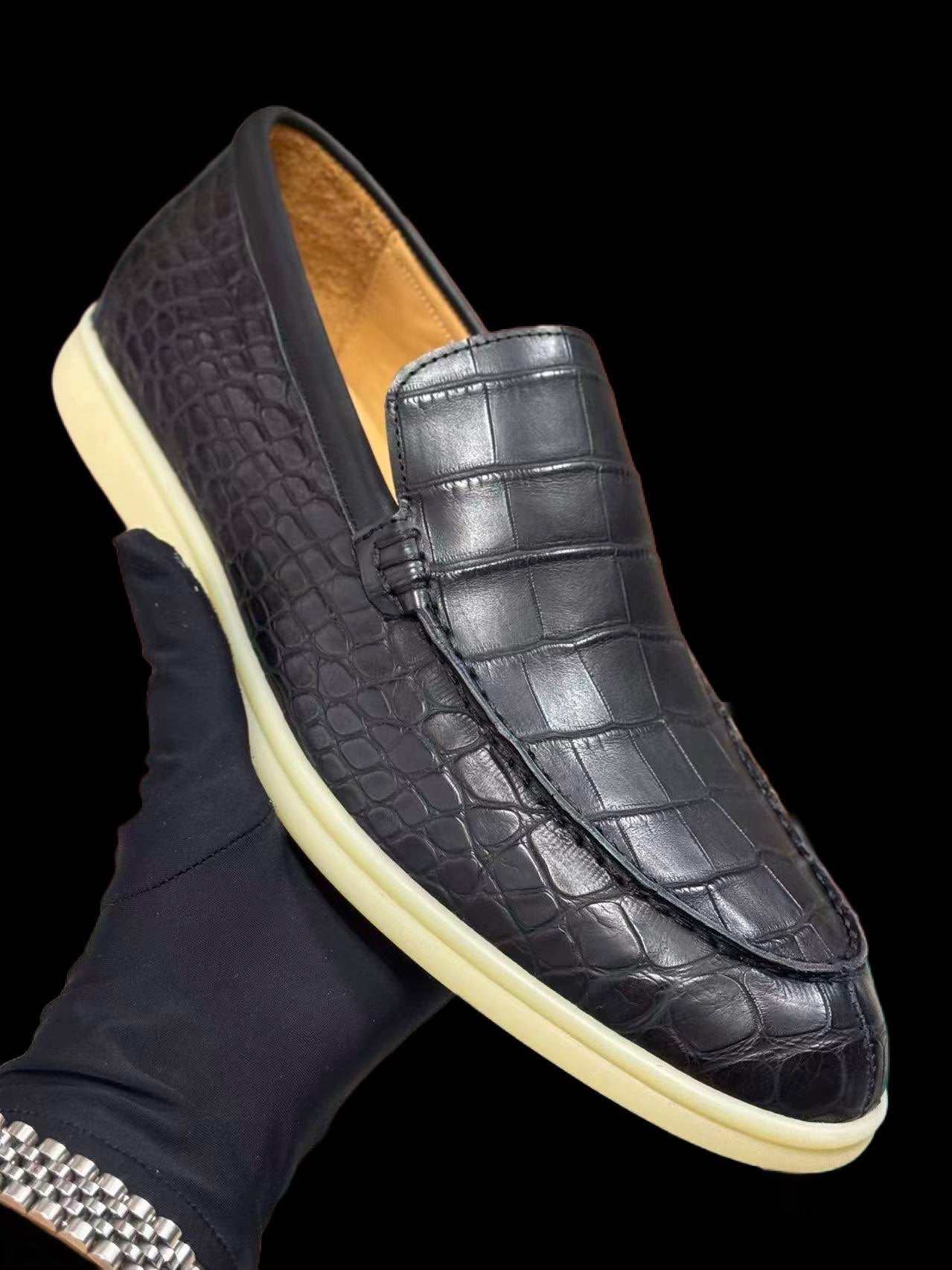 Preorder Nubuck Crocodile Leather Loafer Shoes Wine Red/Orange/Dark Grey