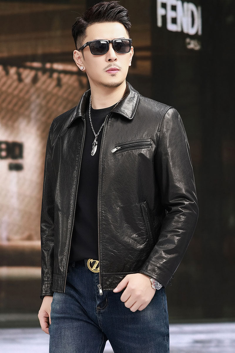 Leather Jacket Men's Turn Down Collar Gradient Oil Waxed Cowhide Jacket Motorcycle Jacket