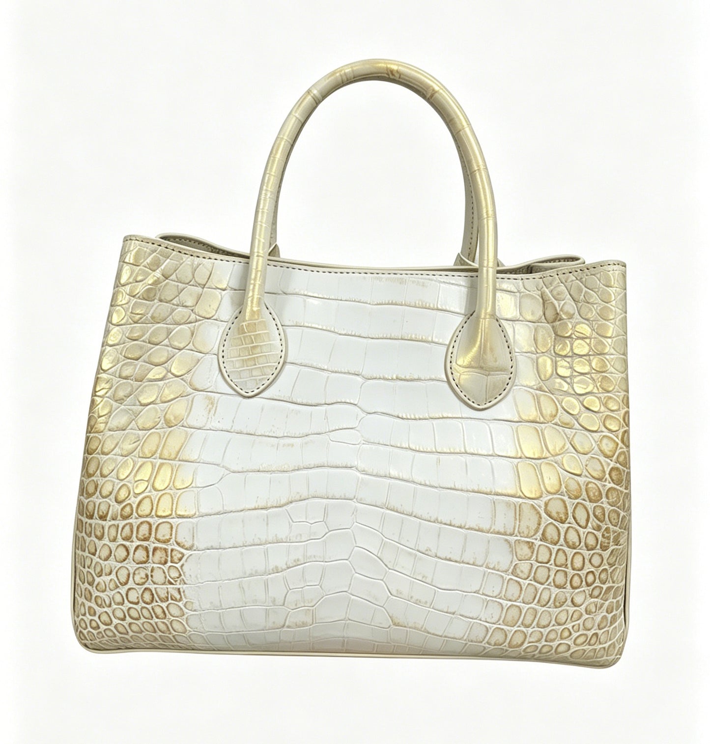 White Genuine Crocodile  Skin Leather Brushed Gold Top Handle Bag For Women