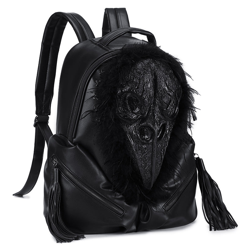 3D Backpack 3D PU Leather Beak Skull With Feather Computer Backpack