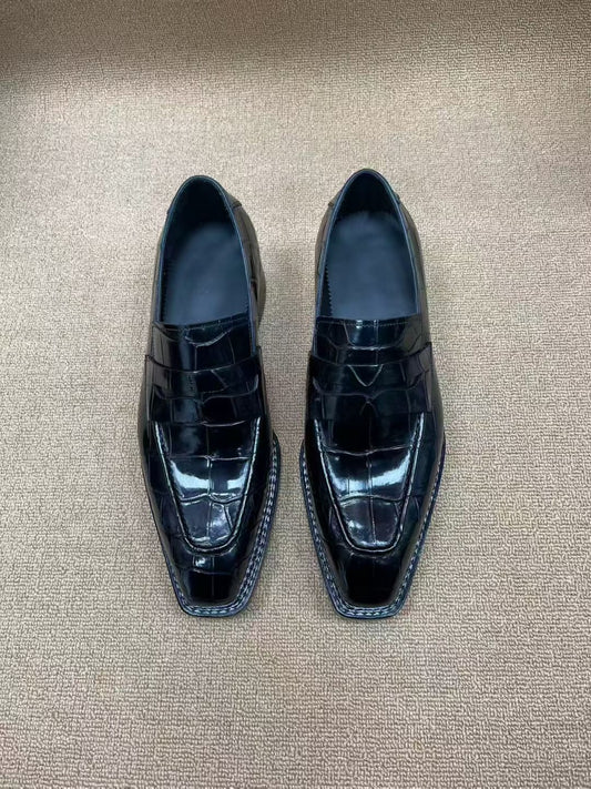 Crocodile Shoes Black Crocodile Leather Norwegian Sewn Dress Loafer Shoes