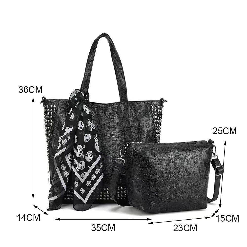 3D Large Shopper Bag, Studded Embossed Skull Large Shopper Bag With Small Pouch & Scarf