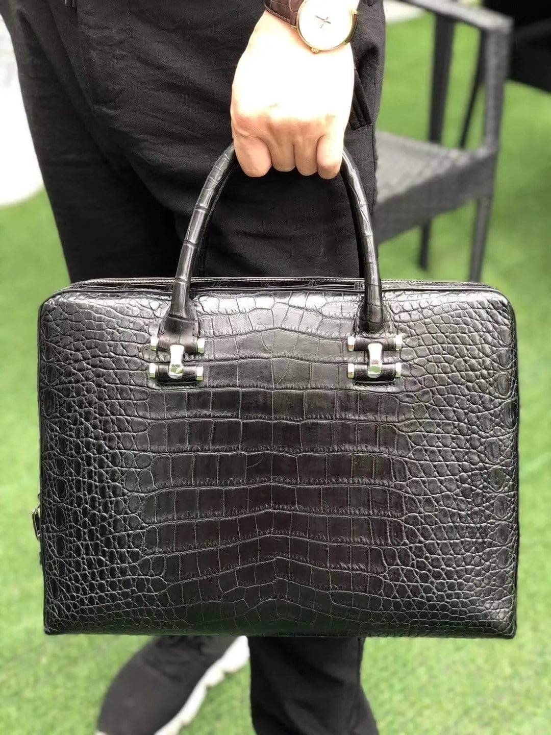 Black Genuine Crocodile Leather Briefcase With Side Password Knock