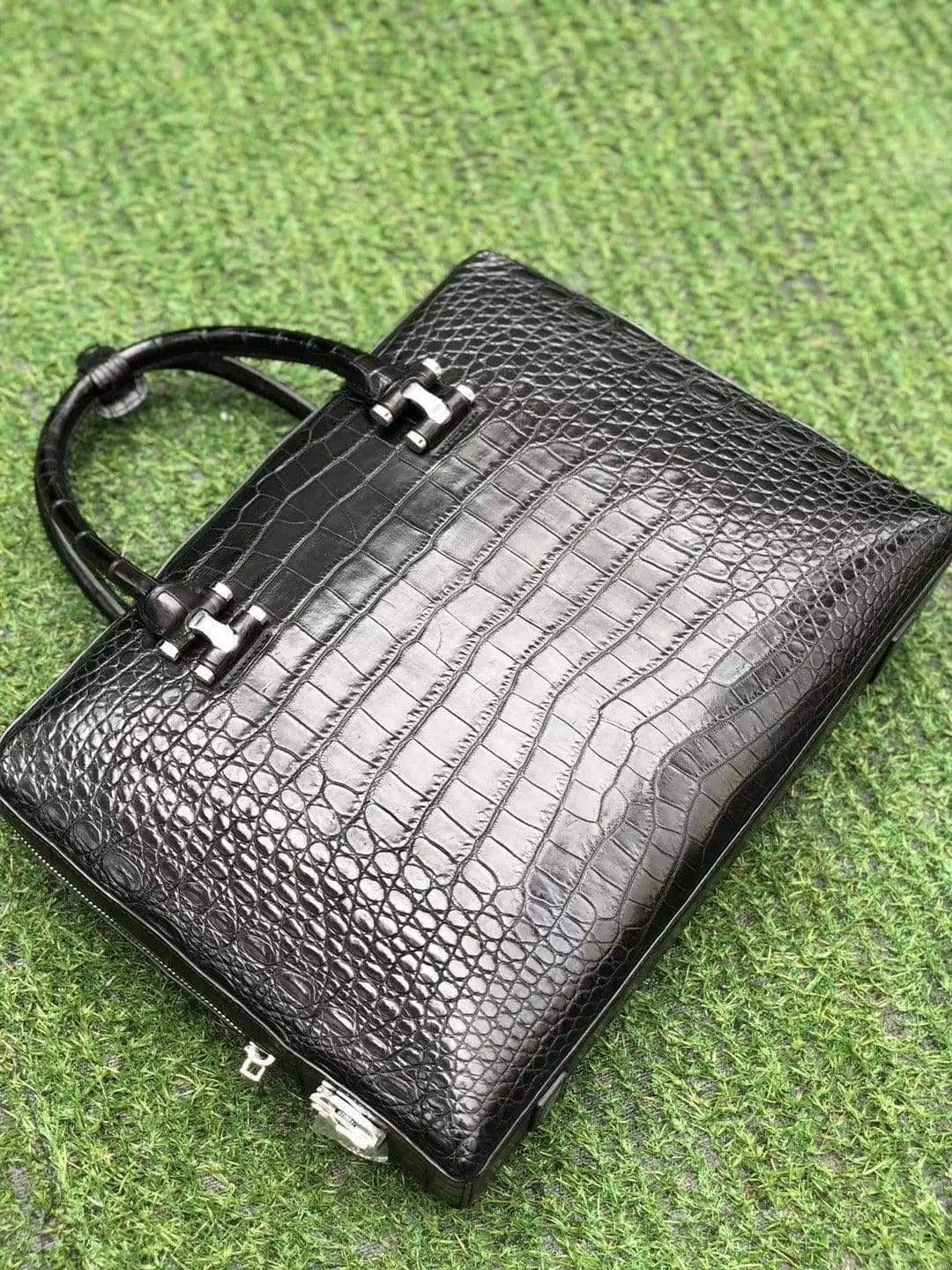 Black Genuine Crocodile Leather Briefcase With Side Password Knock
