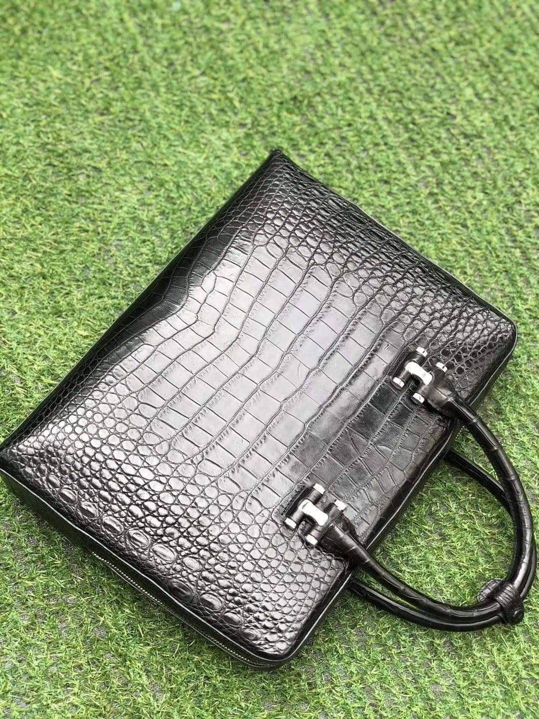 Black Genuine Crocodile Leather Briefcase With Side Password Knock