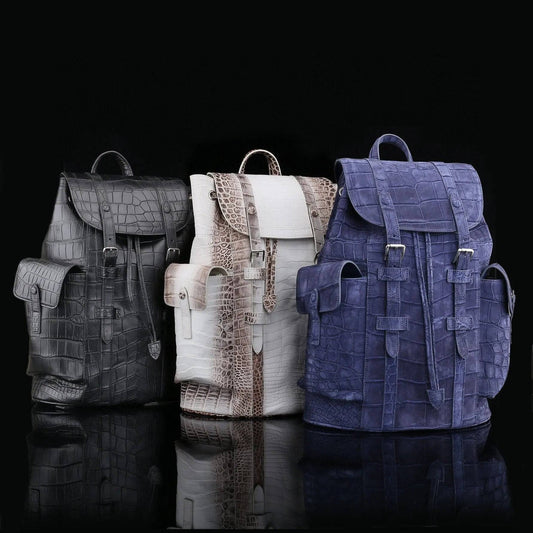 Nubuck Crocodile Leather Backpack Dark Blue