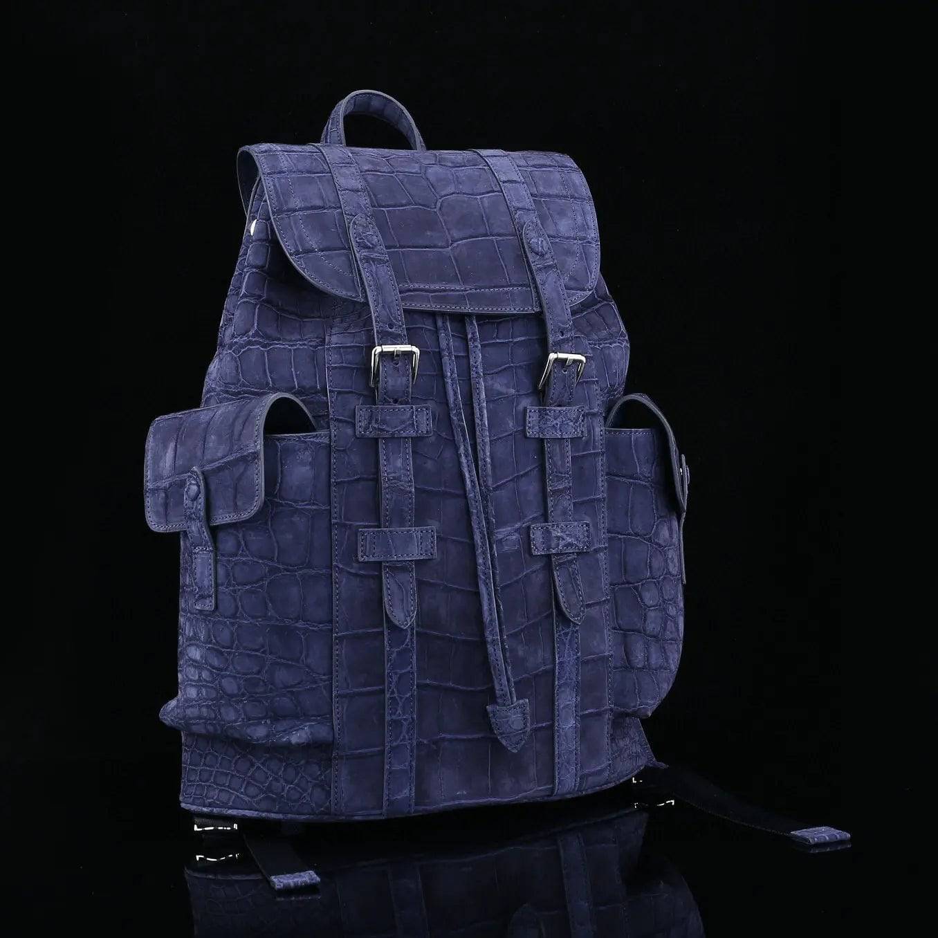 Nubuck Crocodile Leather Backpack Dark Blue
