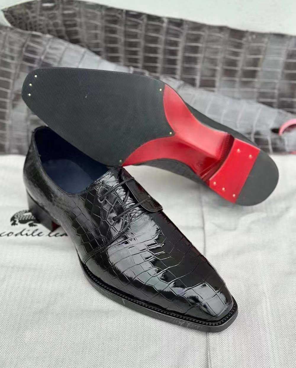 Crocodile Shoes Mens Crocodile Leather Business Lace Up Dress Shoes Black