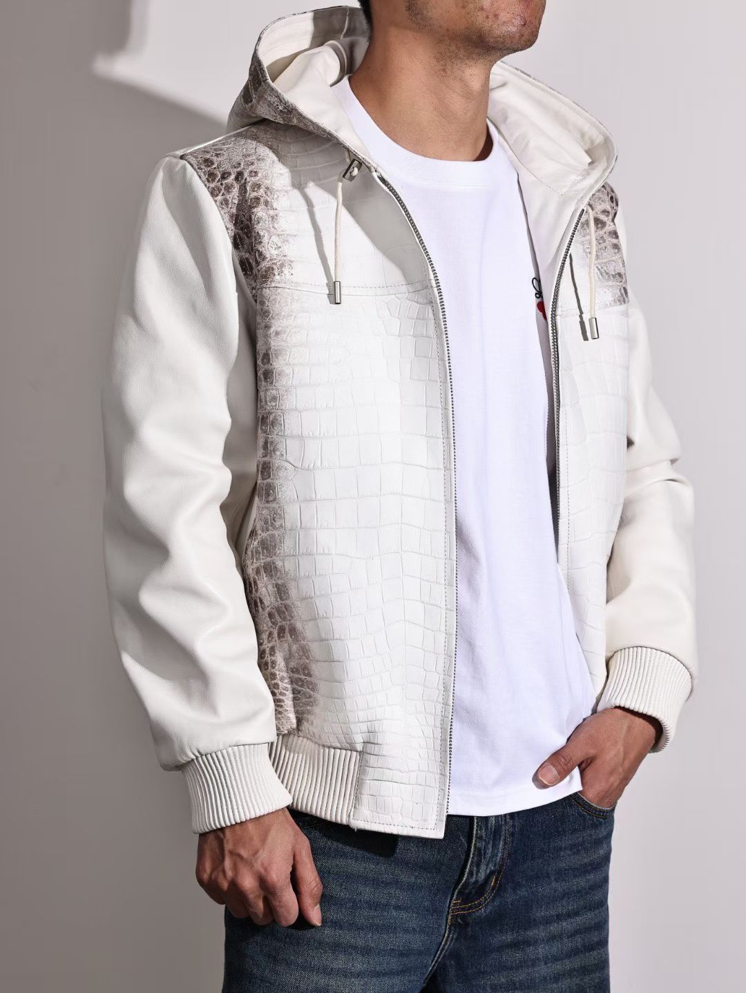 Men's Premium Himalayan Crocodile Skin Leather Hoodie Jacket , Genuine Lambskin Leather Hoodie Himalayan
