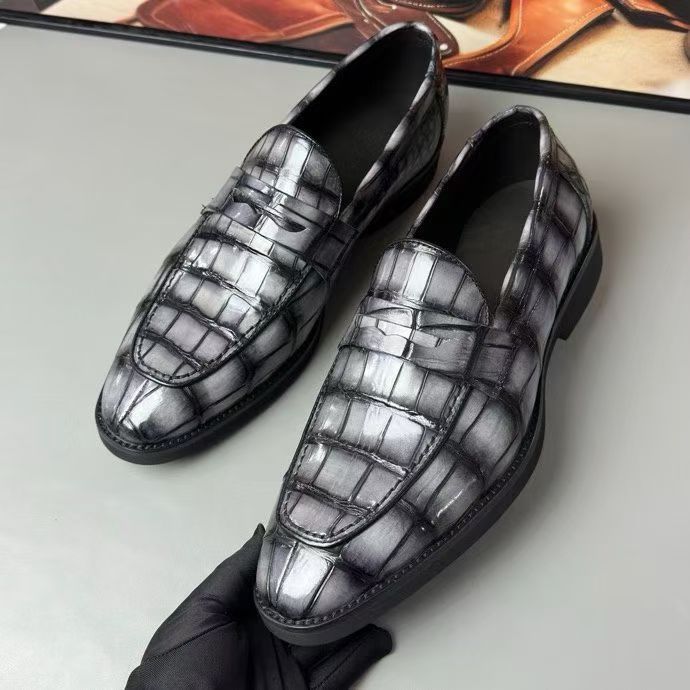 Crocodile Leather Loafer Shoes Vintage Grey