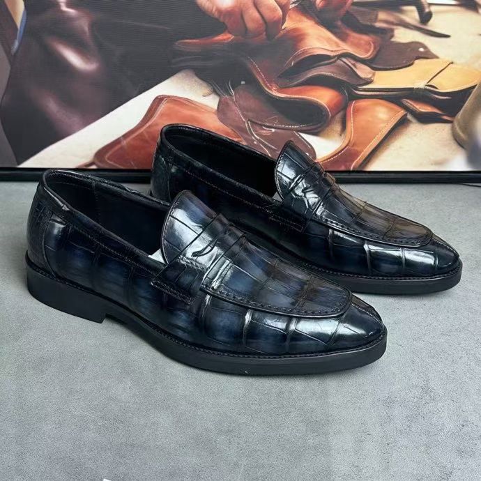 Crocodile Leather Loafer Shoes Vintage Dark Grey