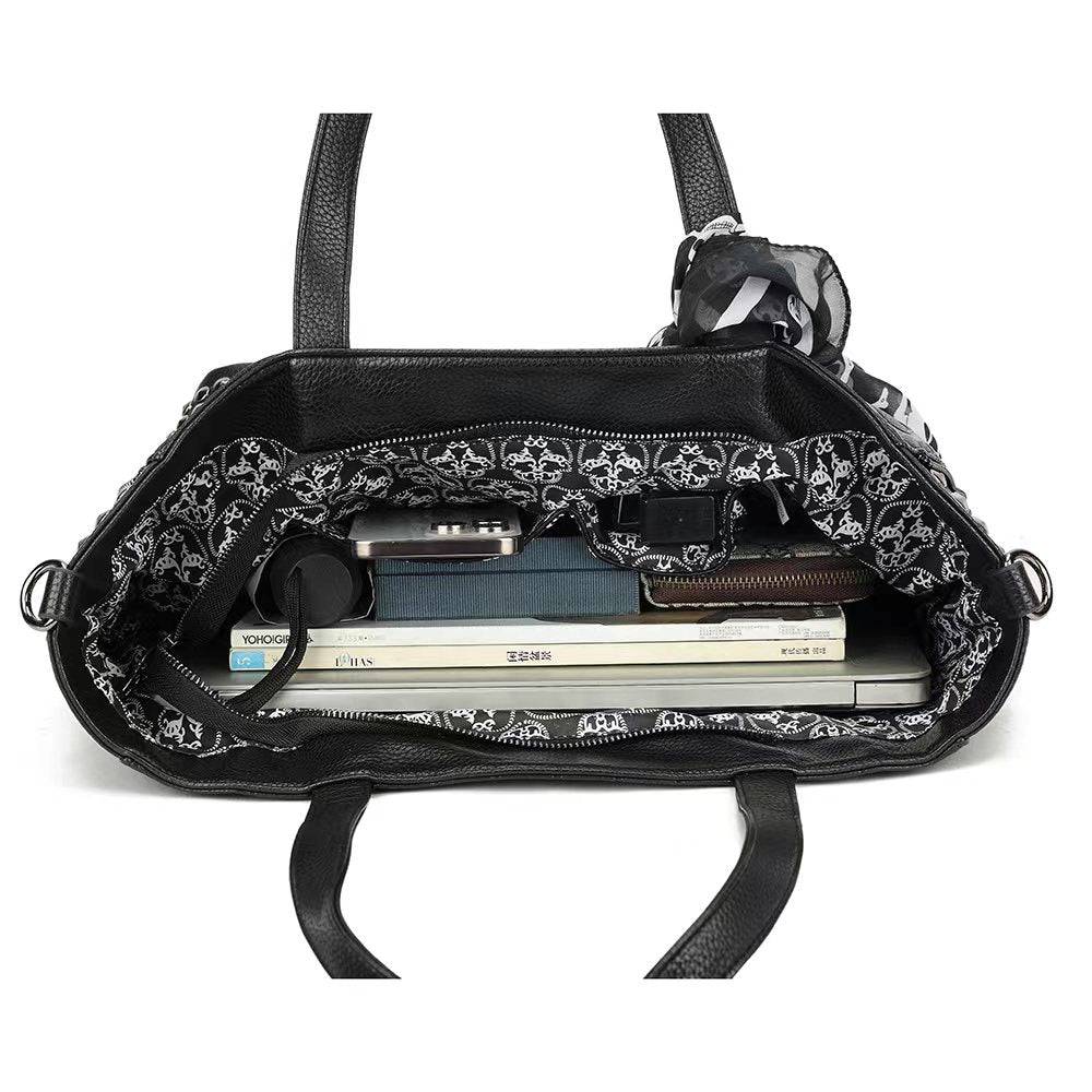 3D Large Shopper Bag, Studded Embossed Skull Large Shopper Bag With Small Pouch & Scarf