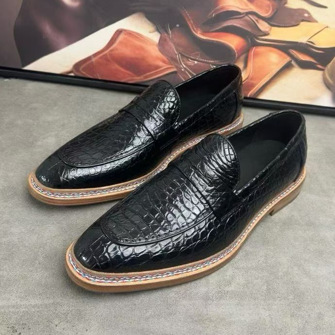 Crocodile Shoes, Men's Crocodile Leather Slip-On Loafer Shoes Black