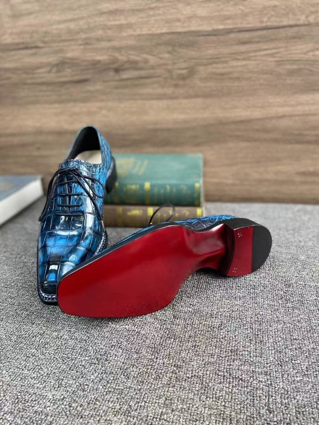 Crocodile Shoes, Men's Vintage Blue Norwegian Sewn Lace Up Shoes