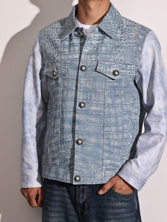 Mens Jackets , Denim Fabric Style Crocodile Skin Leather Jackets