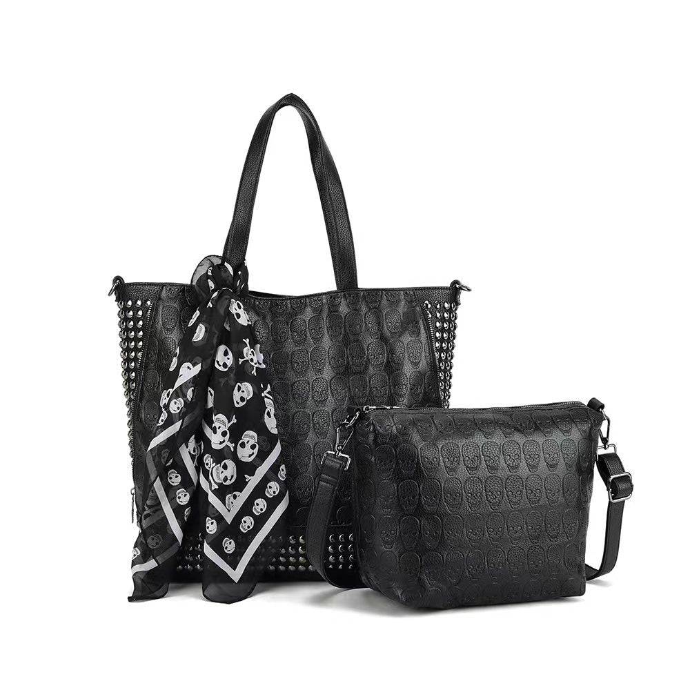 3D Large Shopper Bag, Studded Embossed Skull Large Shopper Bag With Small Pouch & Scarf