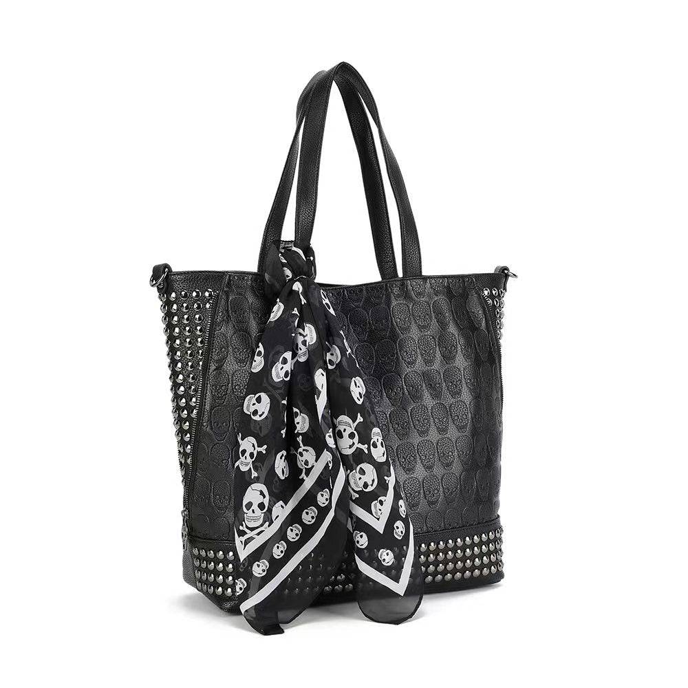 3D Large Shopper Bag, Studded Embossed Skull Large Shopper Bag With Small Pouch & Scarf