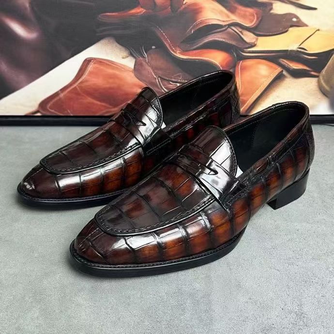 Crocodile Leather Loafer Shoes Vintage Brown
