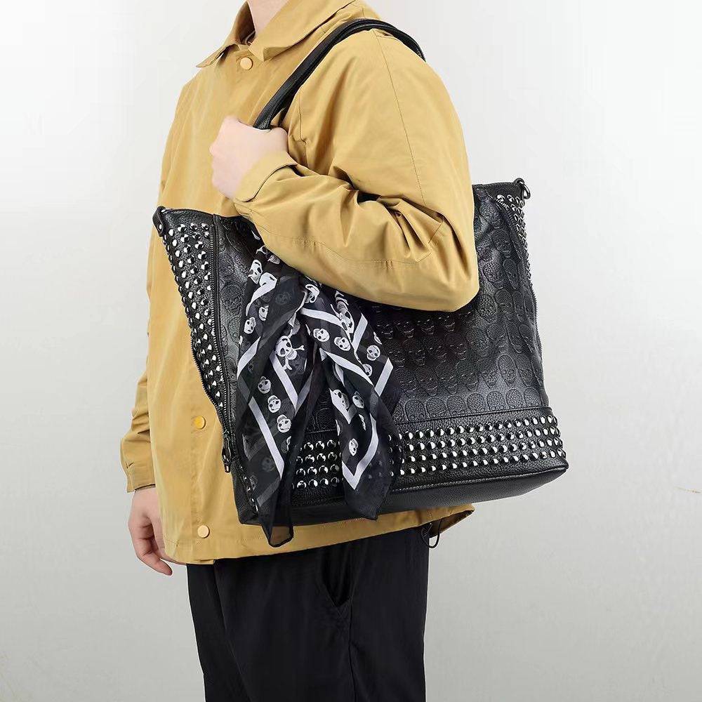 3D Large Shopper Bag, Studded Embossed Skull Large Shopper Bag With Small Pouch & Scarf