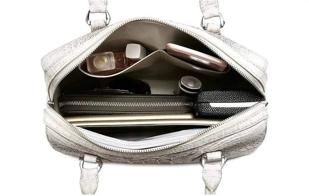 Genuine Crocodile Leather White Boston Satchel Bag