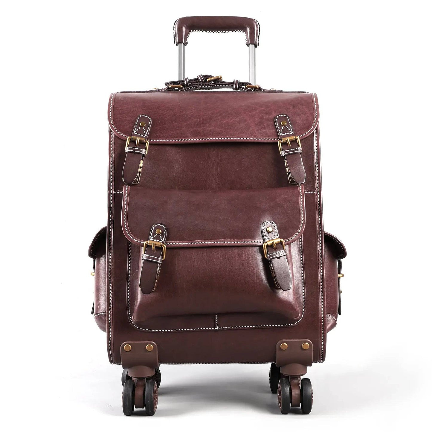Genuine Vintage Vegetable Tanned Leather Check-In Carry On Business Rolling Bag Rotate Universal Wheel 23 Inch Leather Business Trolley Bag