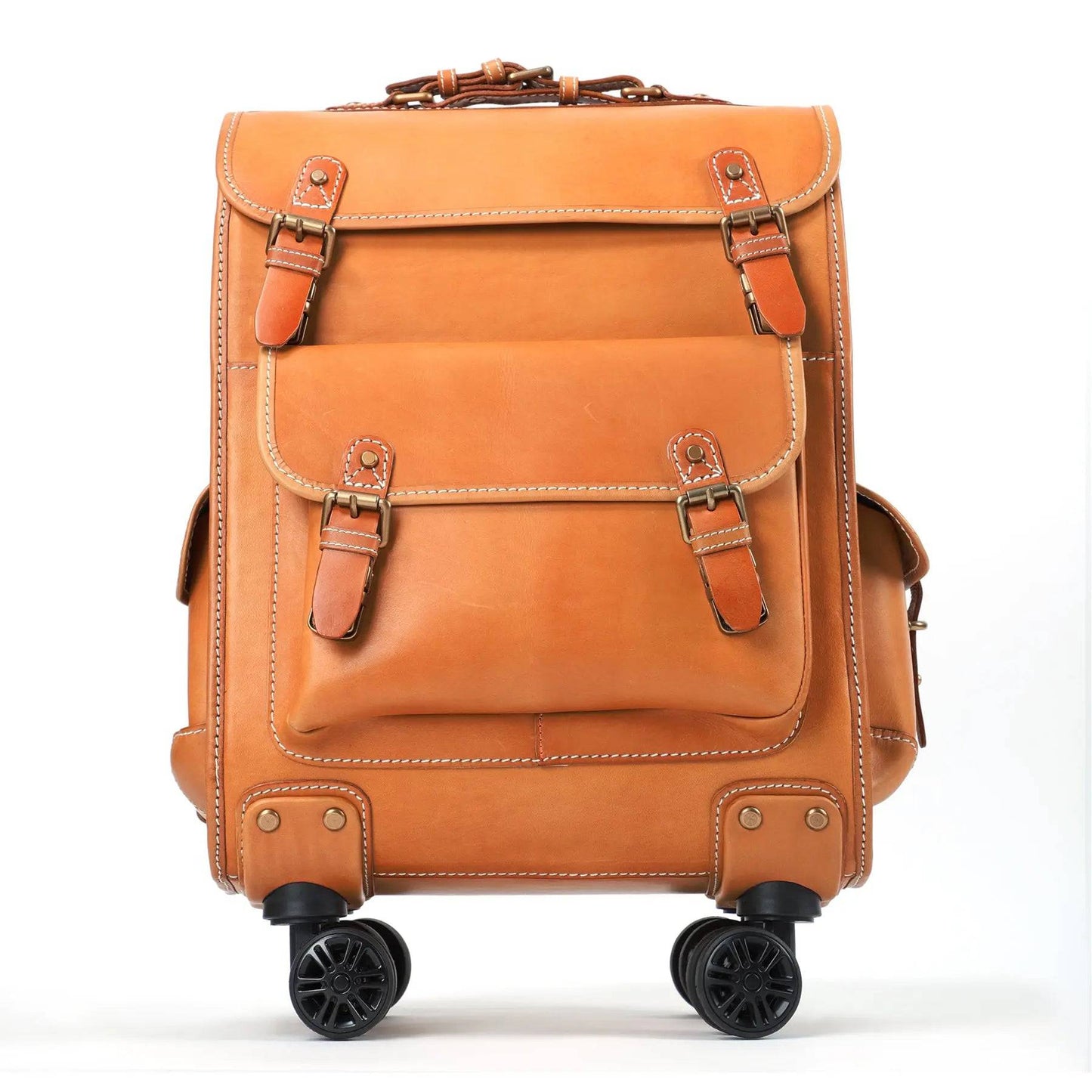 Genuine Vintage Vegetable Tanned Leather Check-In Carry On Business Rolling Bag Rotate Universal Wheel 23 Inch Leather Business Trolley Bag