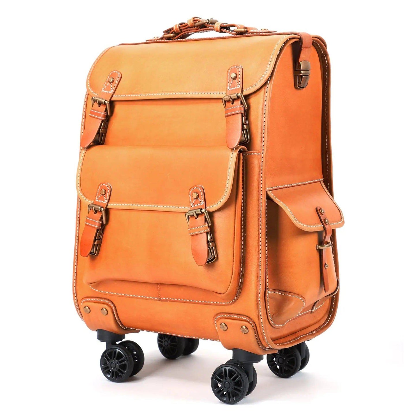 Genuine Vintage Vegetable Tanned Leather Check-In Carry On Business Rolling Bag Rotate Universal Wheel 23 Inch Leather Business Trolley Bag