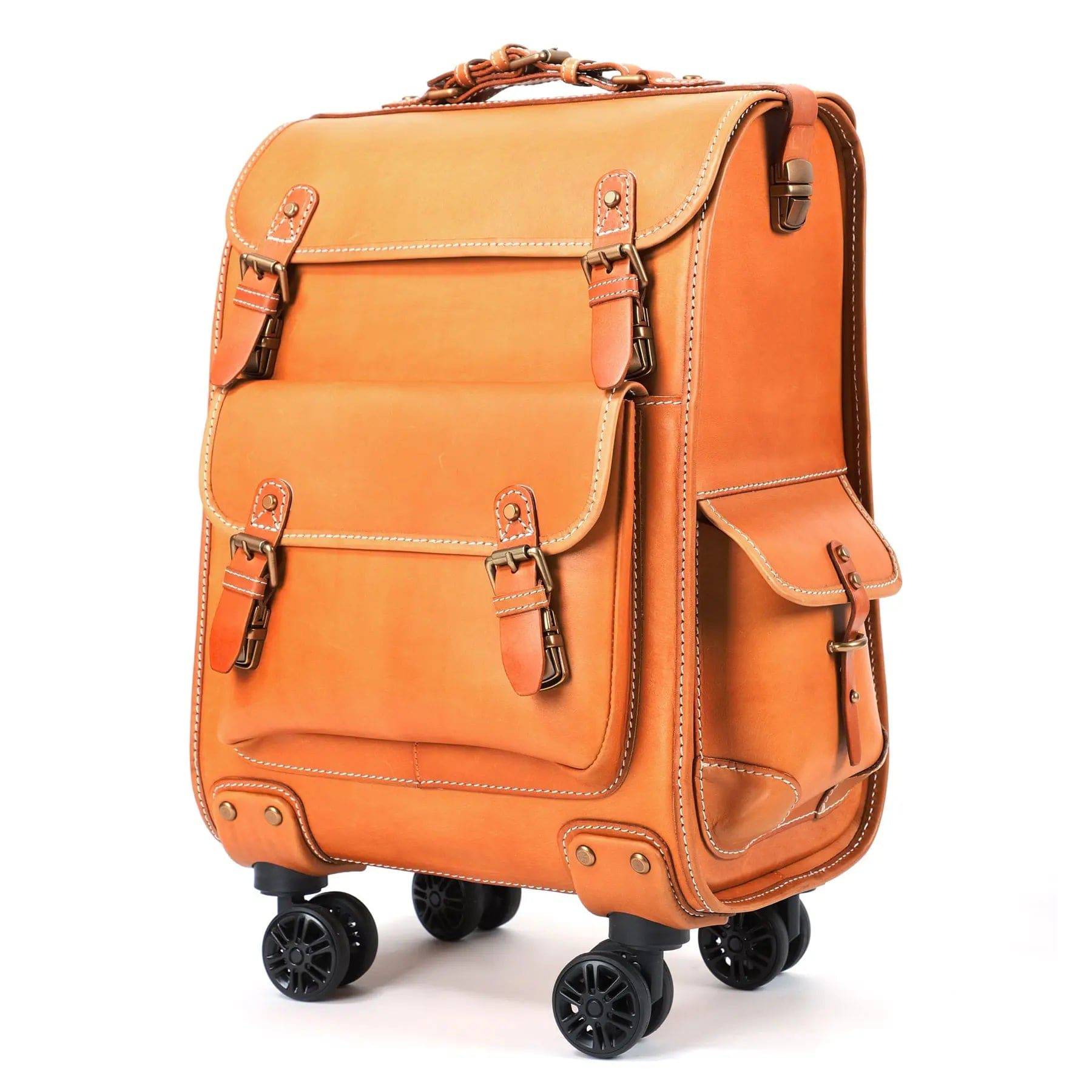 Genuine Vintage Vegetable Tanned Leather Check-In Carry On Business Rolling Bag Rotate Universal Wheel 23 Inch Leather Business Trolley Bag