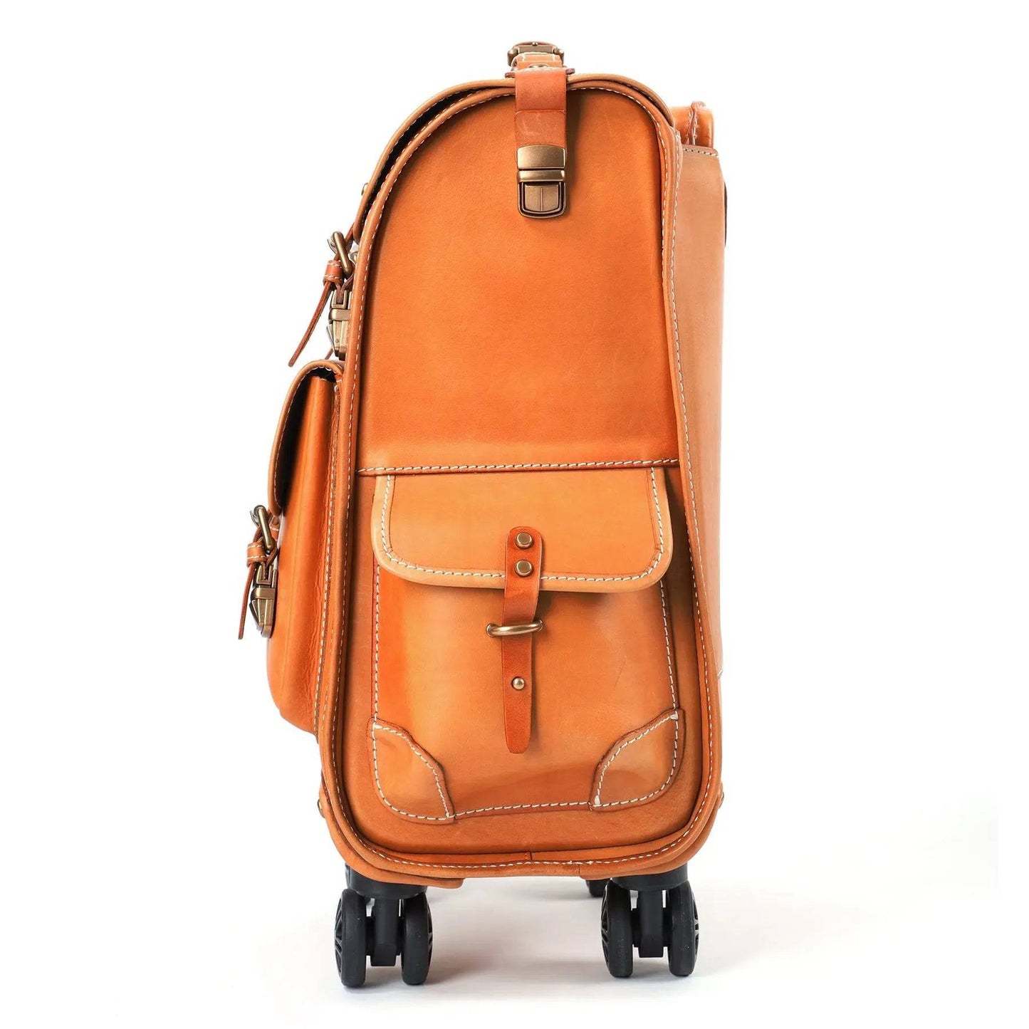 Genuine Vintage Vegetable Tanned Leather Check-In Carry On Business Rolling Bag Rotate Universal Wheel 23 Inch Leather Business Trolley Bag