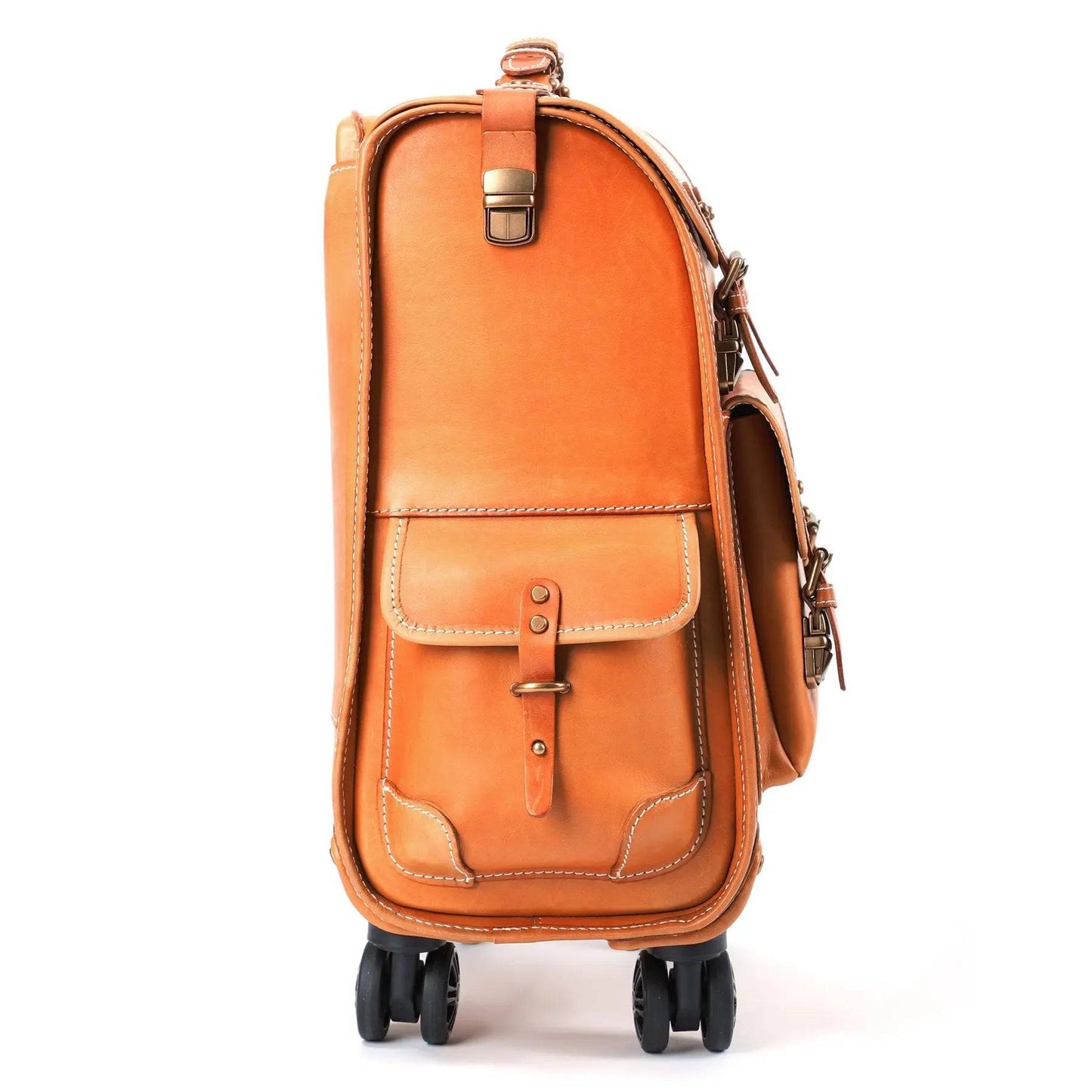 Vintage vegetable-tanned leather rolling suitcase with 23-inch carry-on size, Rossie Viren business trolley with universal wheels.