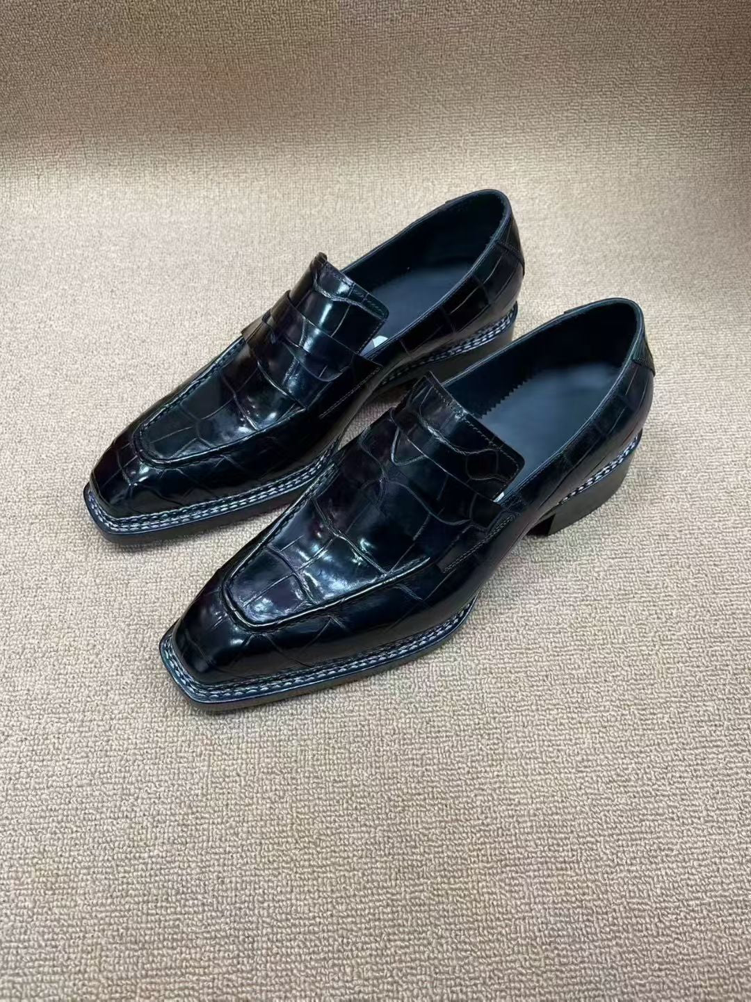 Crocodile Shoes Black Crocodile Leather Norwegian Sewn Dress Loafer Shoes