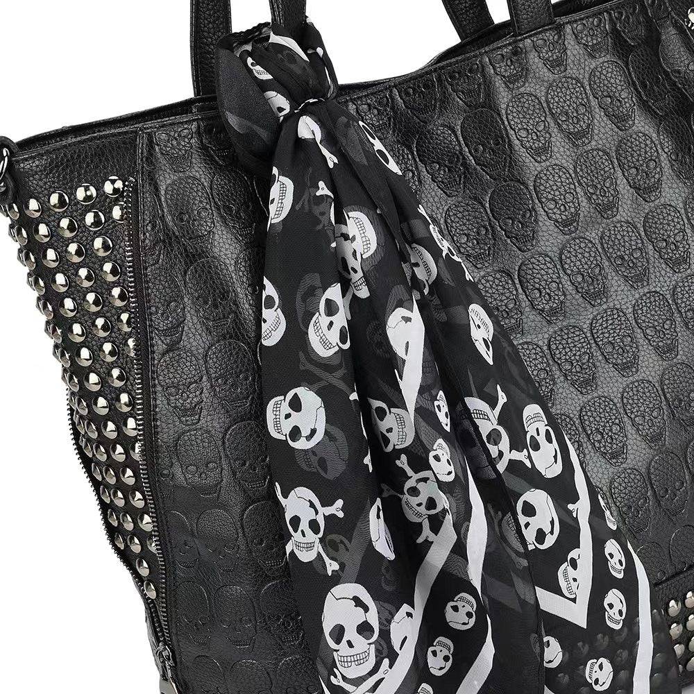 3D Large Shopper Bag, Studded Embossed Skull Large Shopper Bag With Small Pouch & Scarf