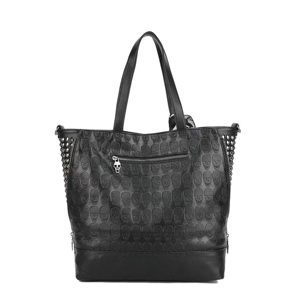 3D Large Shopper Bag, Studded Embossed Skull Large Shopper Bag With Small Pouch & Scarf