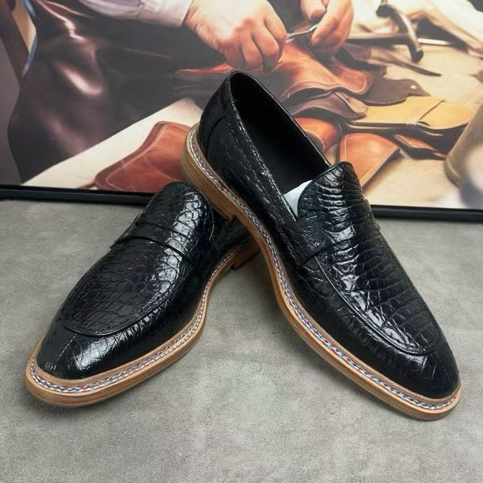 Crocodile Shoes, Men's Crocodile Leather Slip-On Loafer Shoes Black