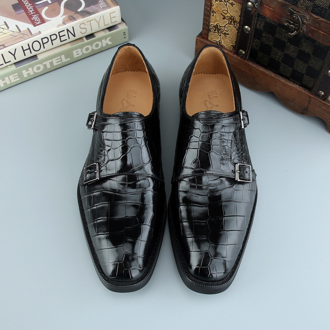 Crocodile Shoes Men's Crocodile Leather Brogue Lace-Up Shoes Black