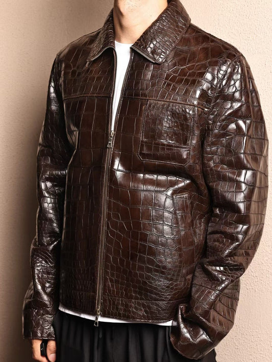 Crocodile Jacket , Men's Crocodile Skin Leather Jacket Brown