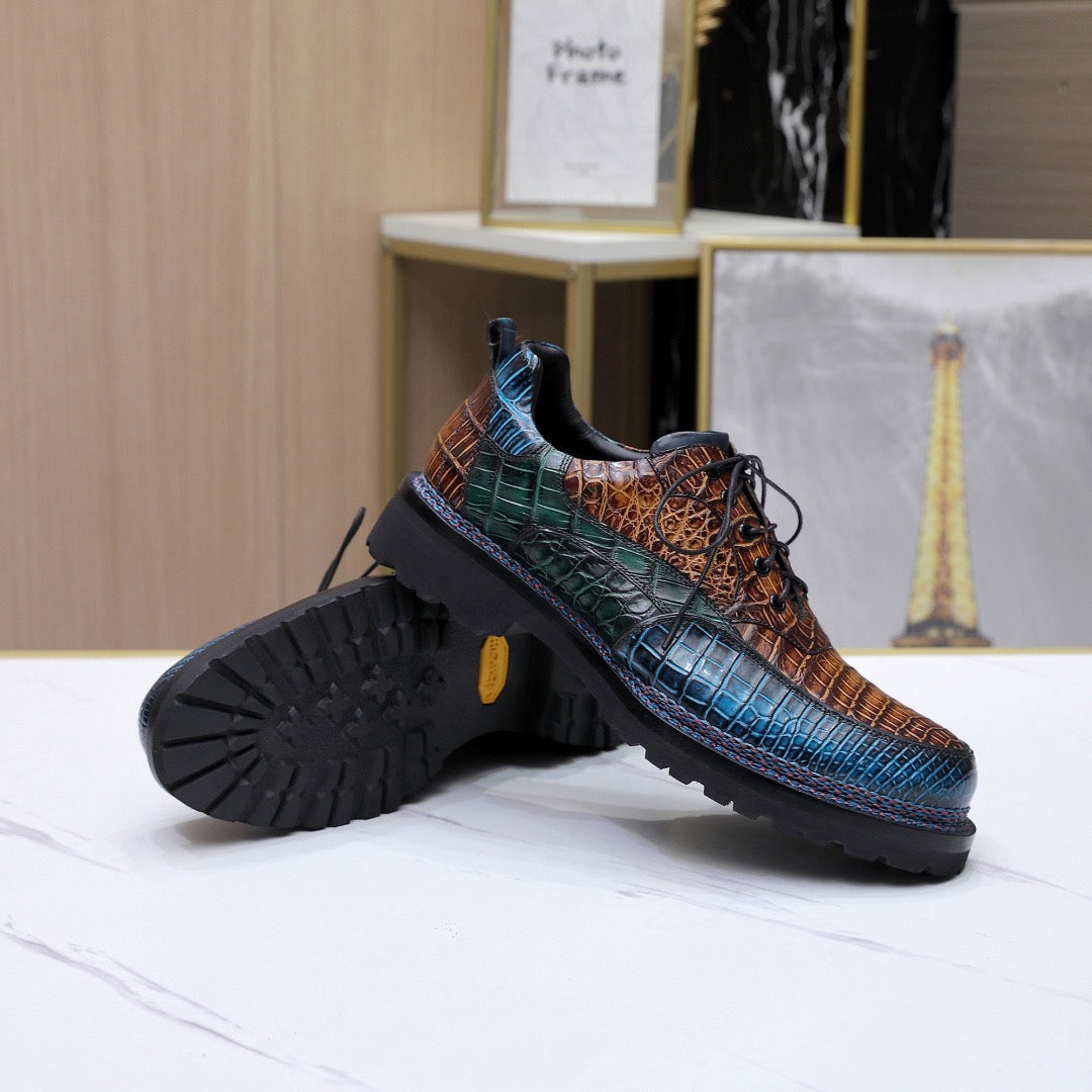 Crocodile Shoes Crocodile Leather Norwegian Sewn Lace Up Dress Shoes Vintage Brown/ Blue