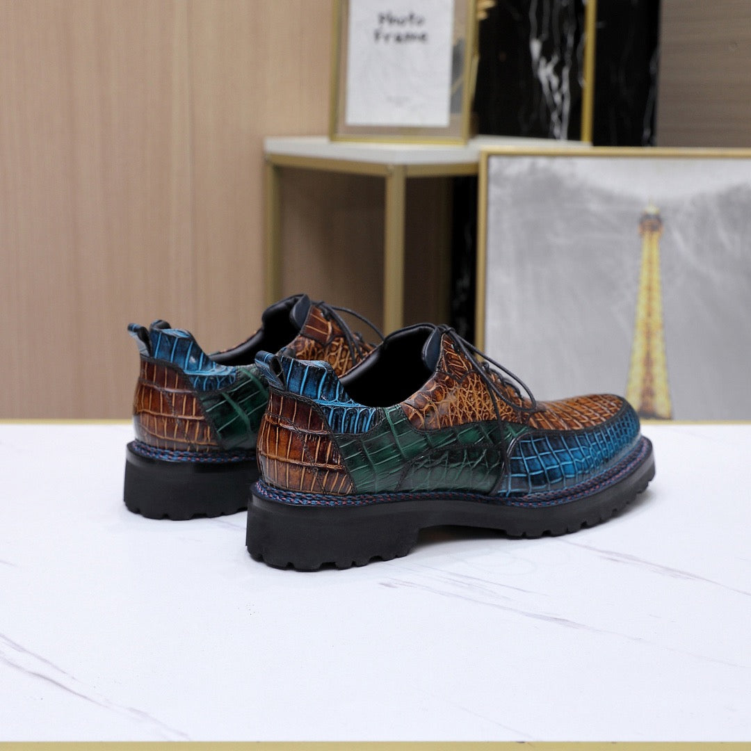 Crocodile Shoes Crocodile Leather Norwegian Sewn Lace Up Dress Shoes Vintage Brown/ Blue