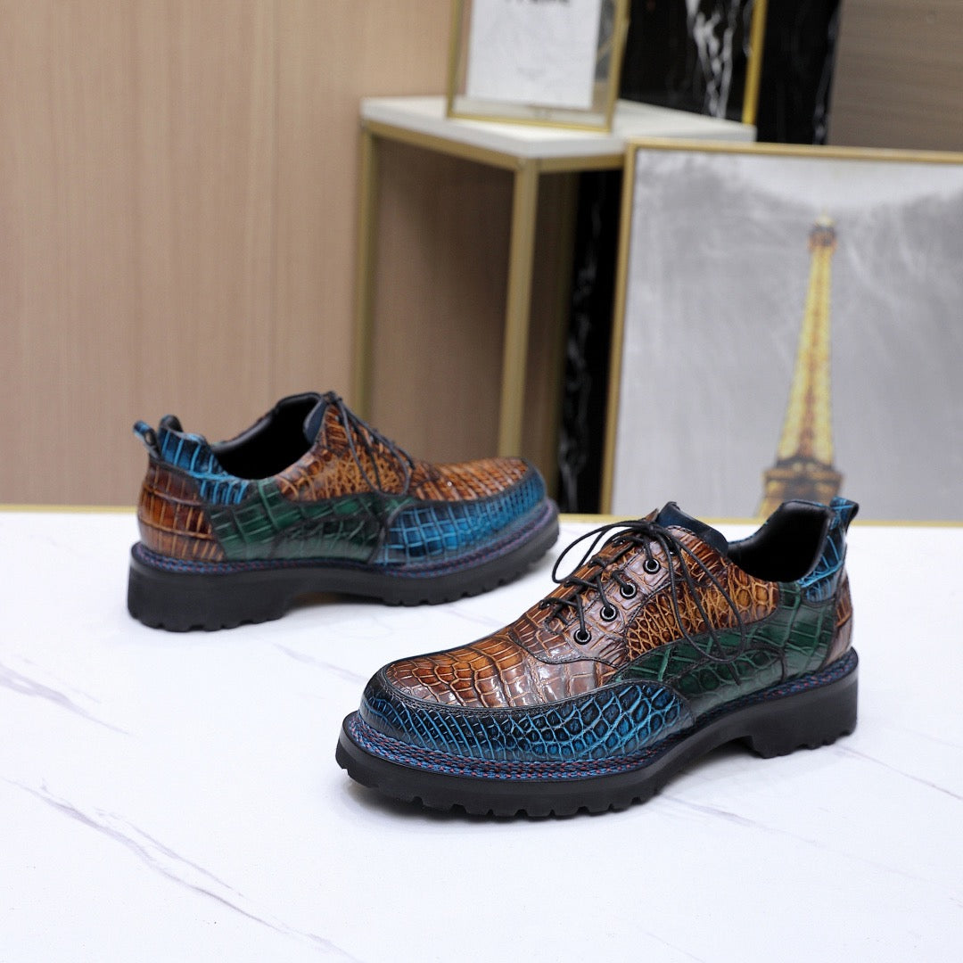 Crocodile Shoes Crocodile Leather Norwegian Sewn Lace Up Dress Shoes Vintage Brown/ Blue