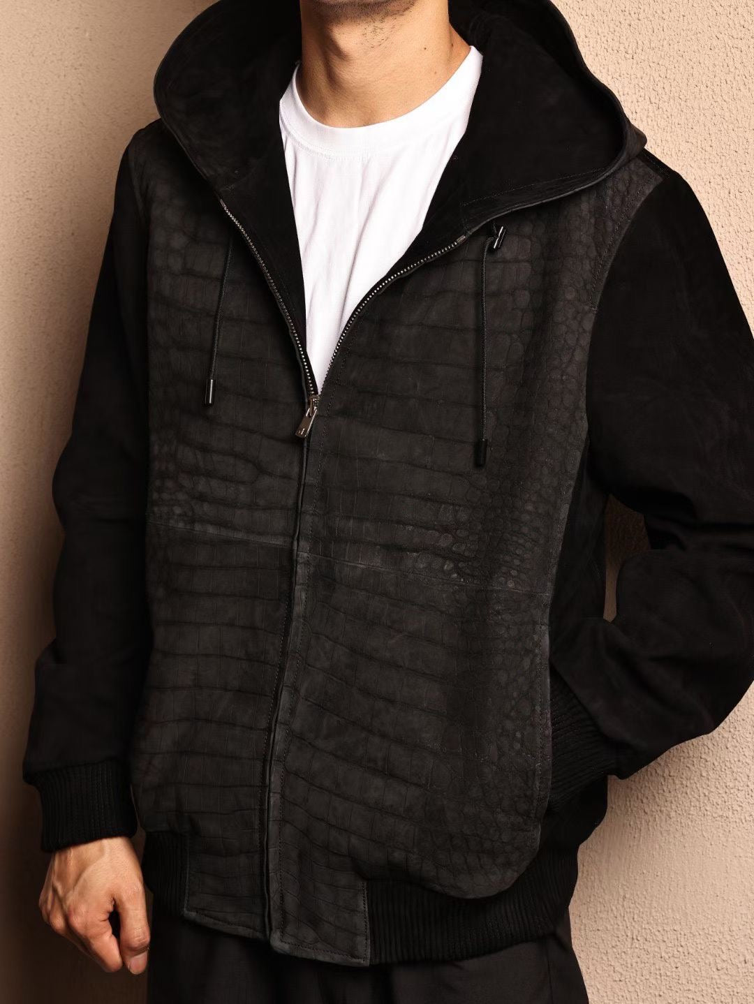 Men's Nubuck Black Crocodile Skin Leather Hoodie Jacket , Genuine Lambskin Leather Hoodie