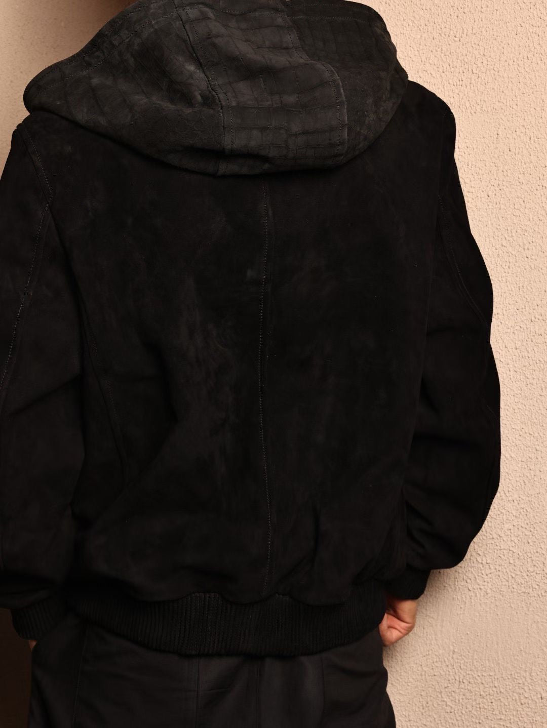 Men's Nubuck Black Crocodile Skin Leather Hoodie Jacket , Genuine Lambskin Leather Hoodie