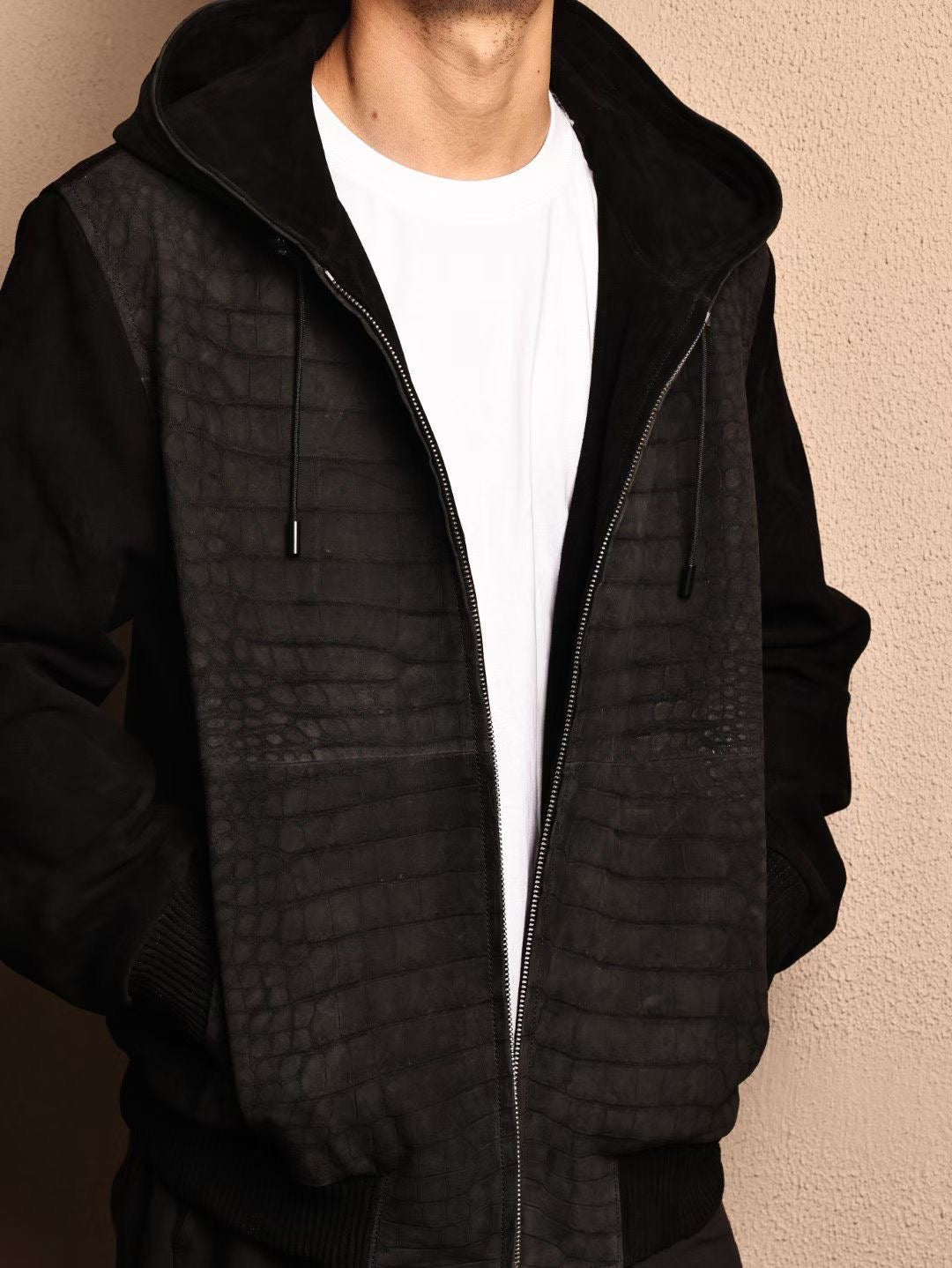 Men's Nubuck Black Crocodile Skin Leather Hoodie Jacket , Genuine Lambskin Leather Hoodie