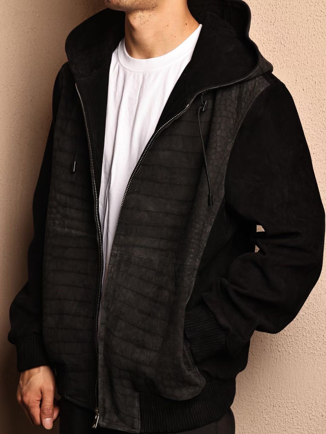 Men's Nubuck Black Crocodile Skin Leather Hoodie Jacket , Genuine Lambskin Leather Hoodie