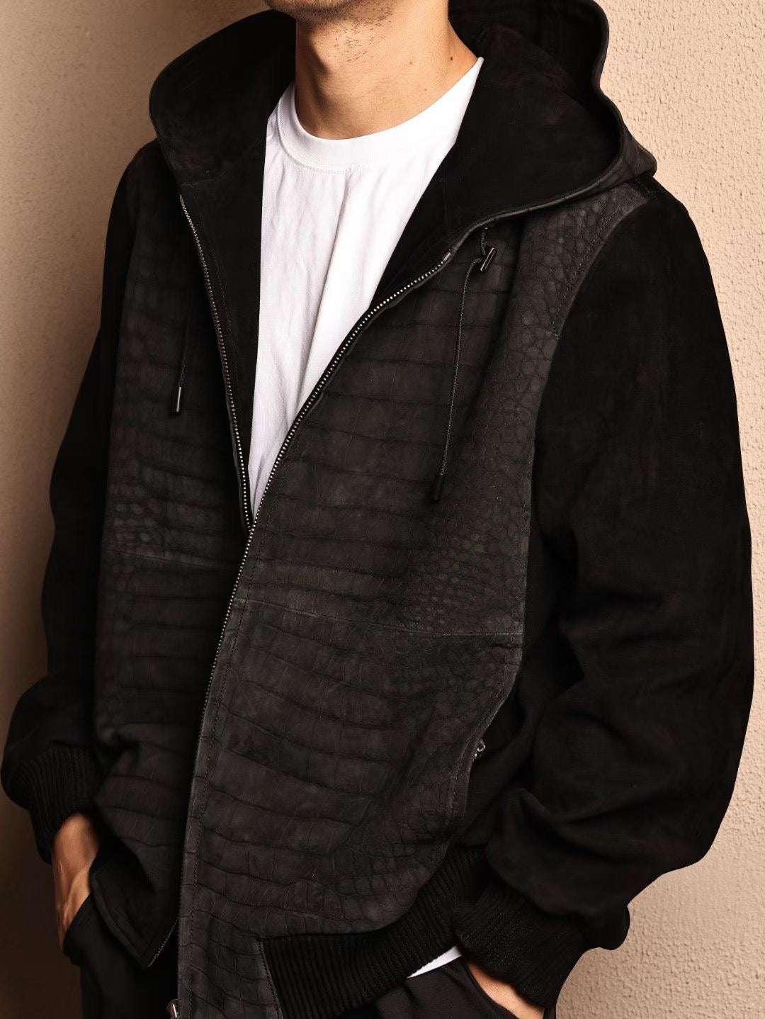 Men's Nubuck Black Crocodile Skin Leather Hoodie Jacket , Genuine Lambskin Leather Hoodie