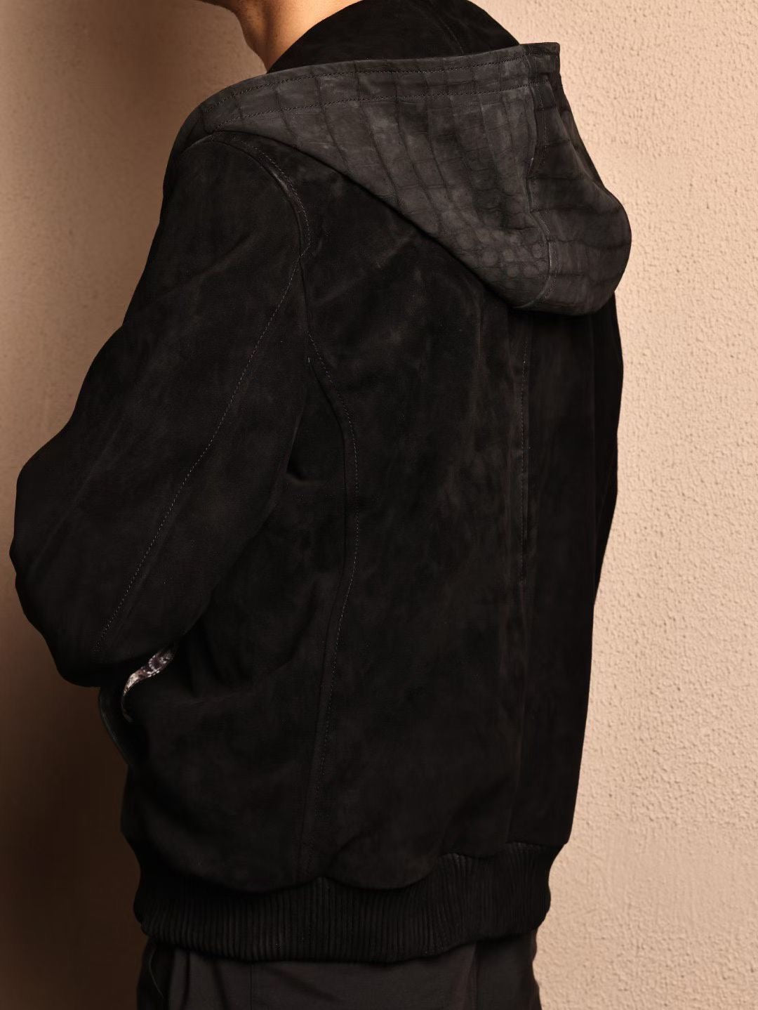 Men's Nubuck Black Crocodile Skin Leather Hoodie Jacket , Genuine Lambskin Leather Hoodie