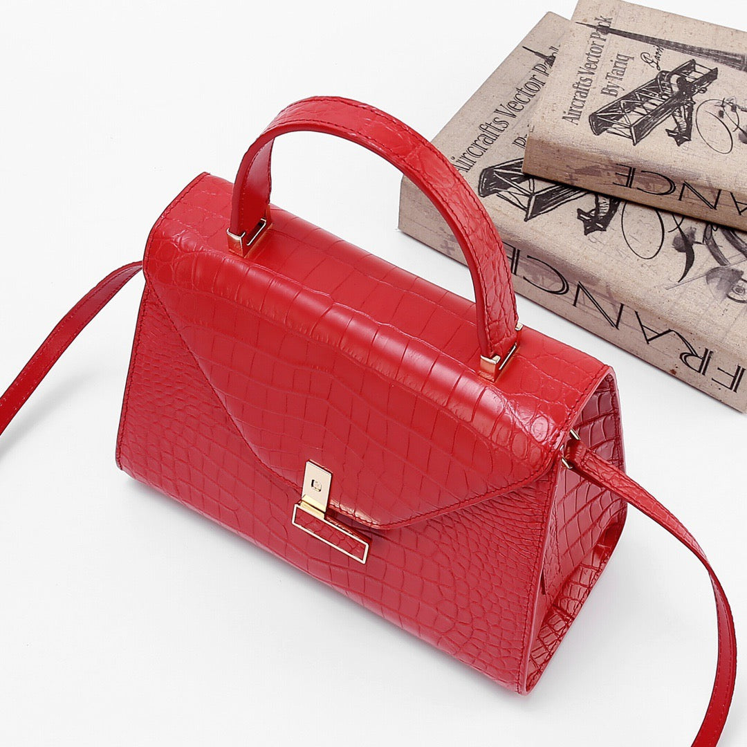 Genuine Crocodile Skin Leather Top Handle Bags Red